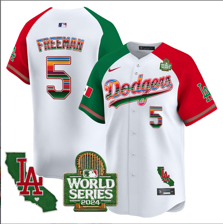 Men MLB Mexico Los Angeles Dodgers #5 Freeman white 2024 World Series Champions Patch Jersey 20241105 style 2->los angeles dodgers->MLB Jersey